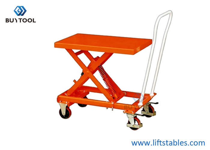 China Spring Activated Manual Scissor Lift Trolley 210kg Capacity Manual Lift Platform