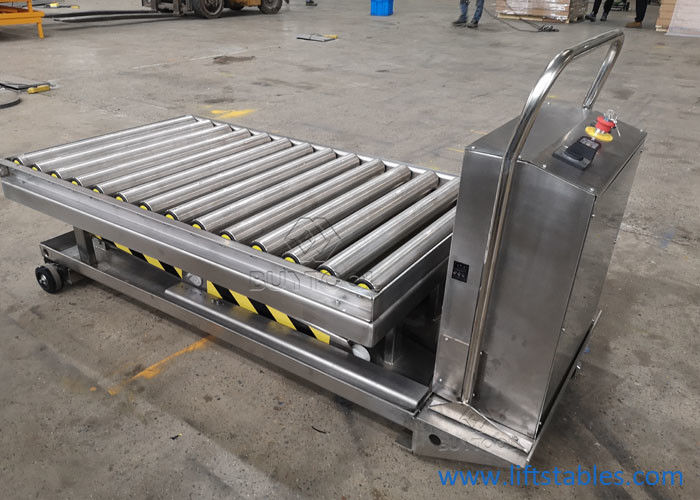 China Electric Mobile Stainless Steel Pallet Lift Table With Rollers In Food Field 1220x610mm